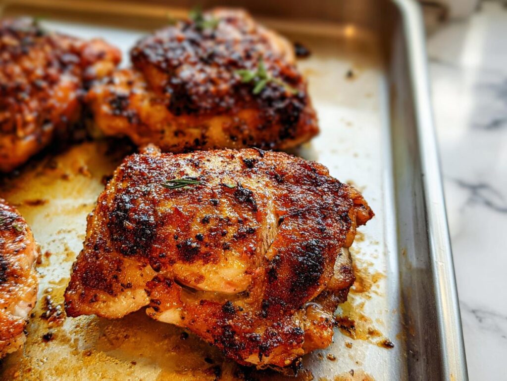 Close-up of 5-Ingredient Baked Chicken Thighs on a baking sheet, showcasing their juicy and flavorful appearance.