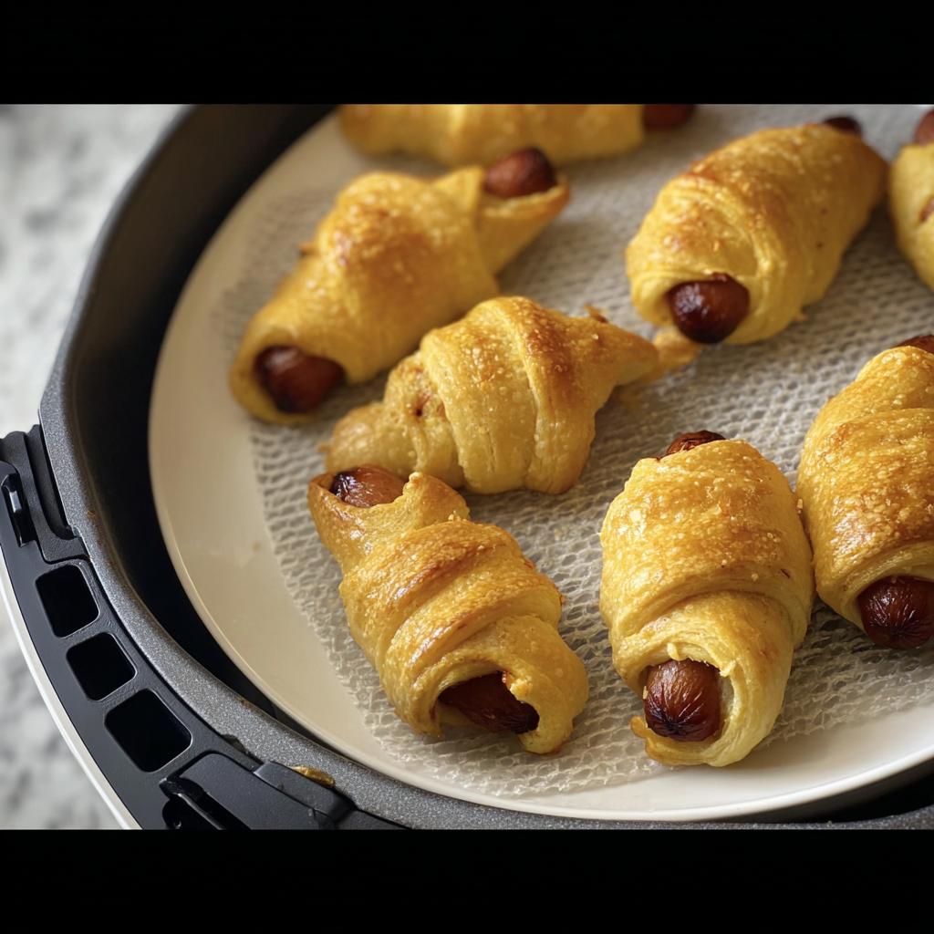 Golden brown Air Fryer Mummy Pigs in a Blanket on a plate inside the air fryer basket.
