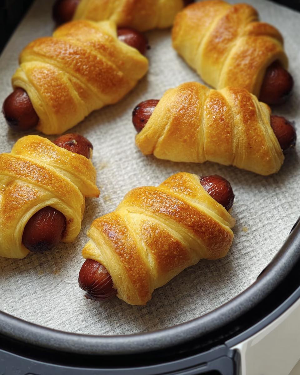 Golden brown Air Fryer Mummy Pigs in a Blanket on parchment paper, ready to eat.