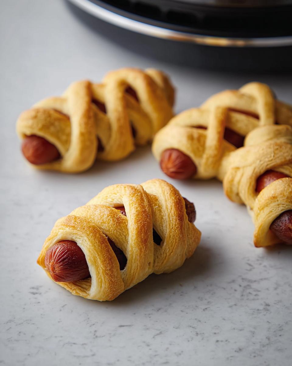 Close-up of Air Fryer Mummy Pigs in a Blanket, featuring golden-brown pastry wrapped around hot dogs.
