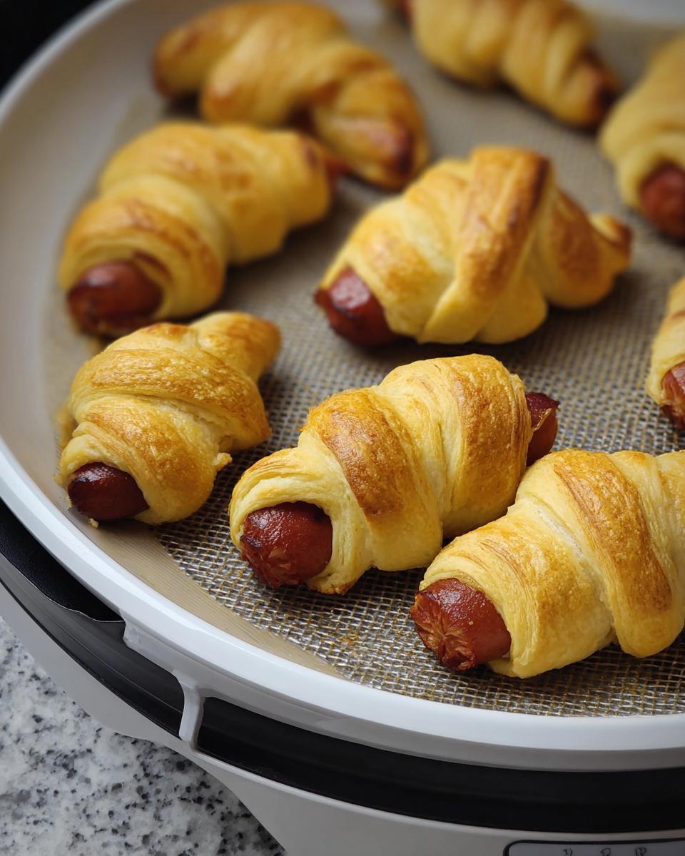 Close-up of Air Fryer Mummy Pigs in a Blanket on an air fryer tray, golden brown and ready to eat.
