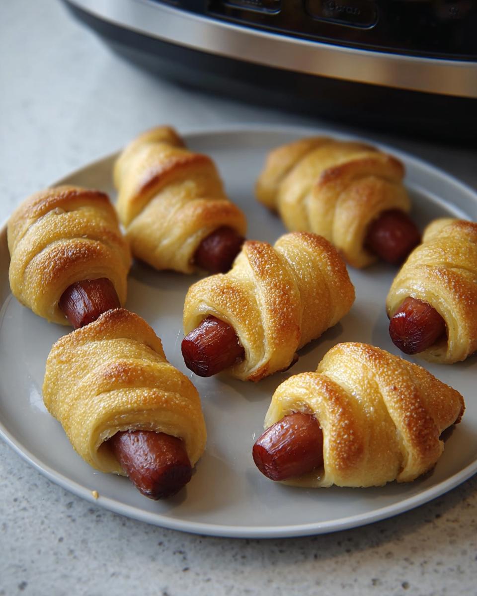 A plate of golden brown Air Fryer Mummy Pigs in a Blanket, ready to eat.