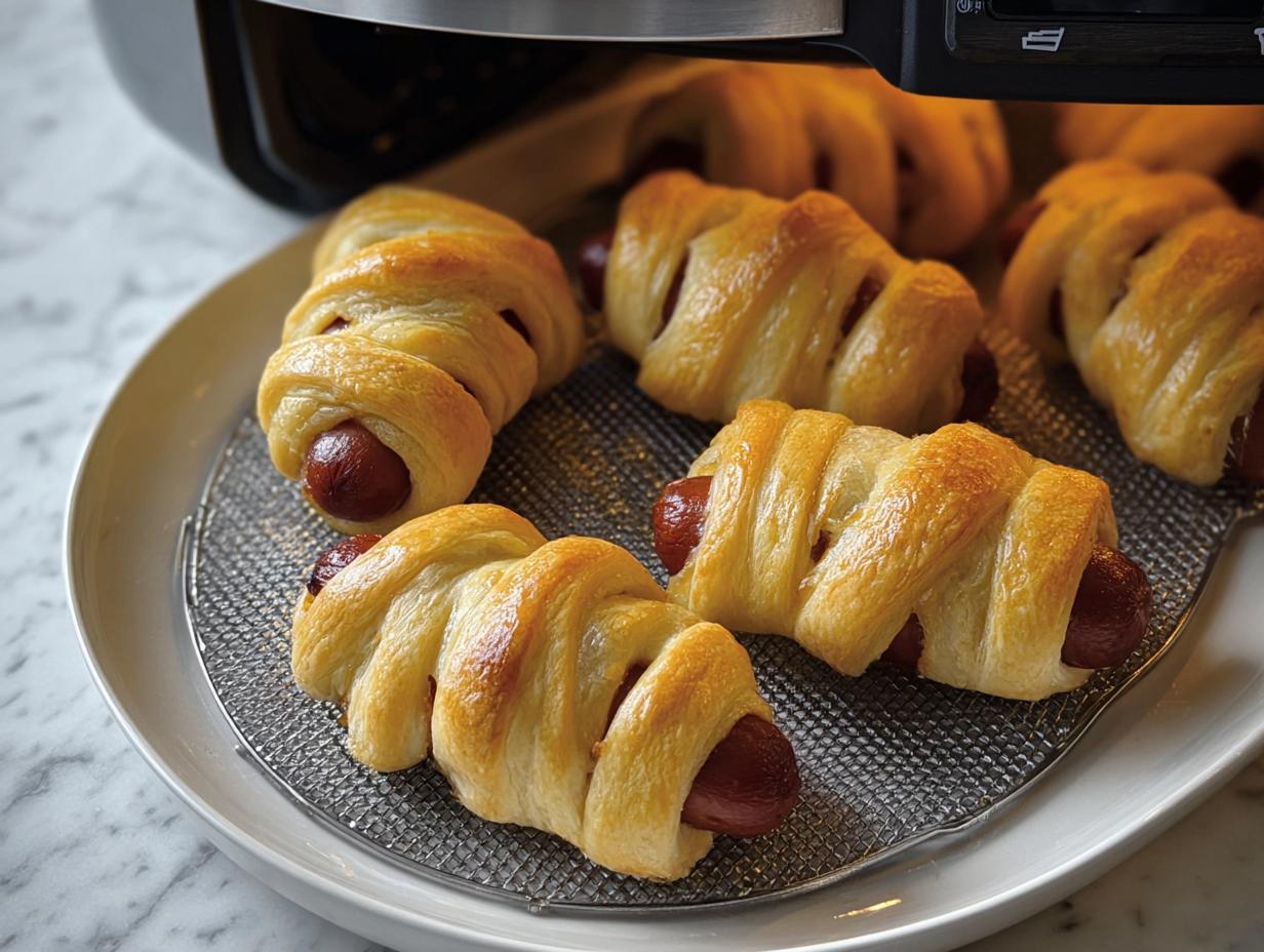 Golden brown Air Fryer Mummy Pigs in a Blanket on a wire rack, fresh from the air fryer.