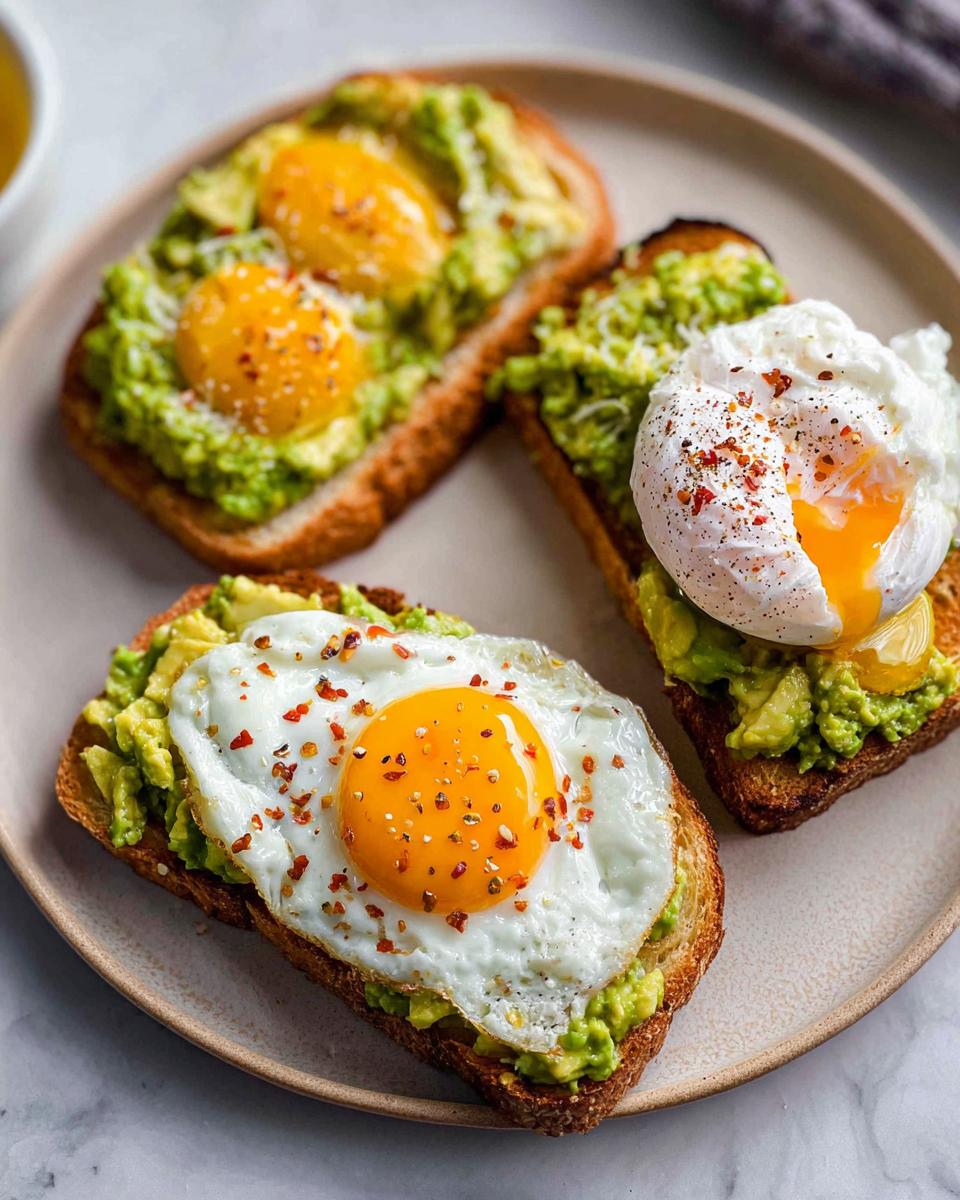 Three slices of avocado toast topped with different styles of eggs: fried egg, poached egg, and two quail eggs.