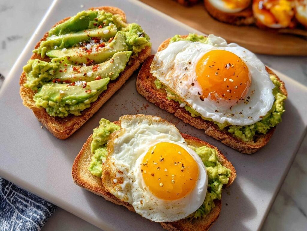 Three slices of avocado toast: one with sliced avocado and red pepper flakes, two with fried eggs and seasoning.