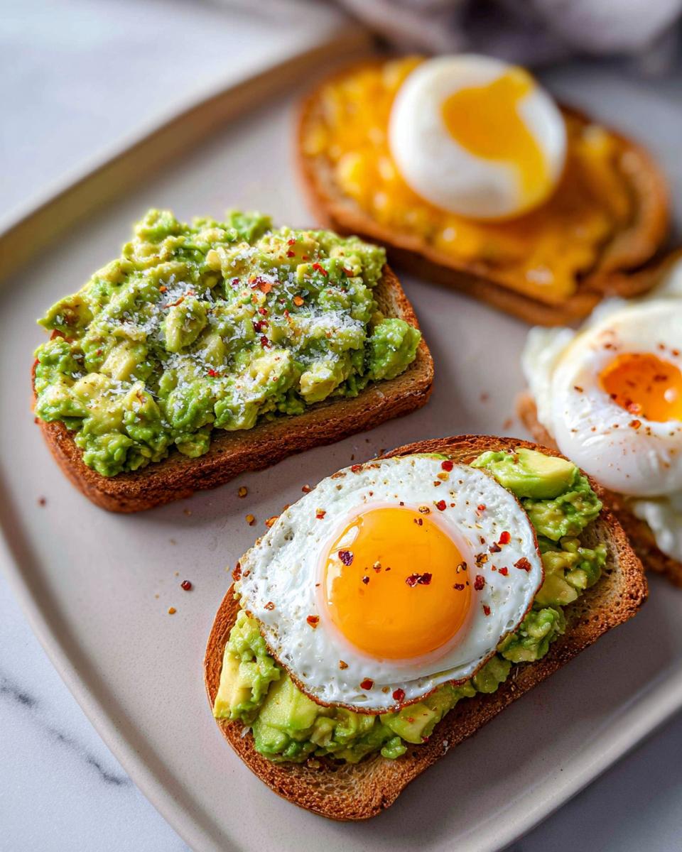 Three different variations of avocado toast on a plate, including avocado toast with a fried egg and avocado toast with a poached egg.