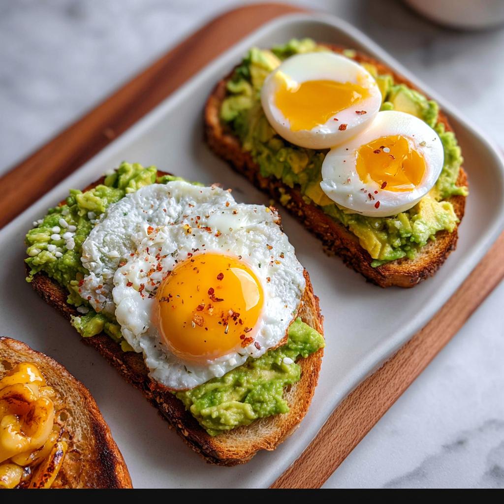 Two slices of avocado toast topped with a fried egg and soft-boiled eggs, seasoned with chili flakes.