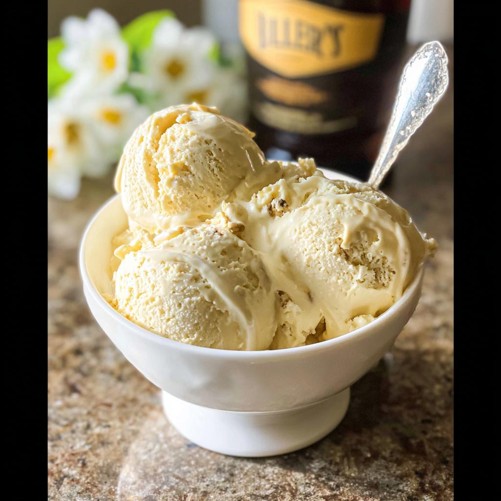 A white bowl filled with creamy scoops of Baileys ice cream, with a bottle and flowers blurred in the background.