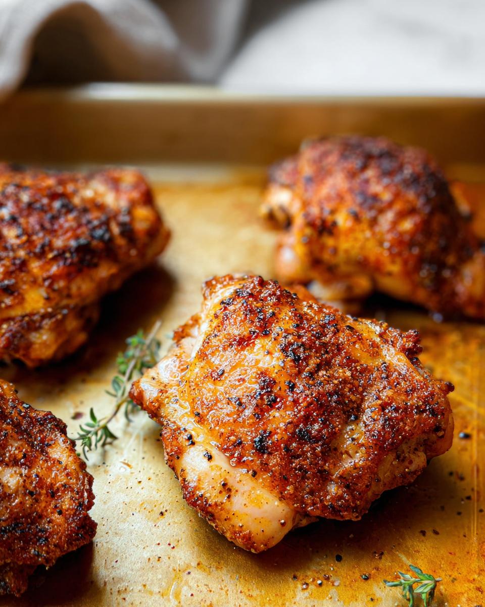 Close-up of 5-Ingredient Baked Chicken Thighs on a baking sheet, garnished with thyme sprigs.
