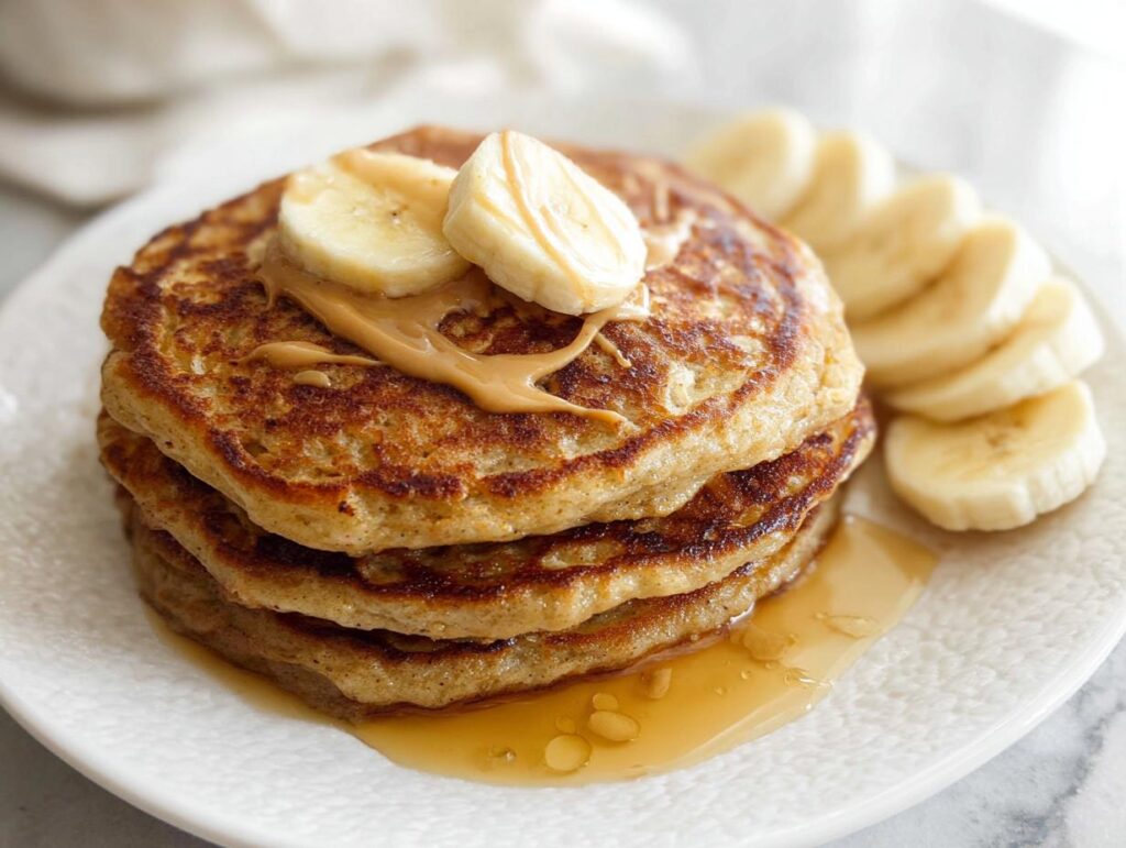 A stack of three fluffy Banana Oat Pancakes topped with peanut butter and banana slices, served with sliced bananas and syrup.