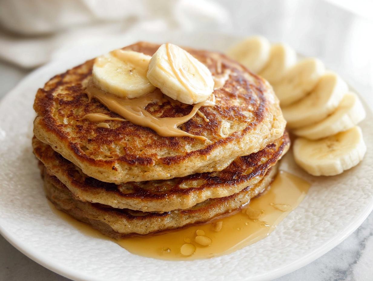 A stack of three fluffy Banana Oat Pancakes topped with peanut butter and banana slices, served with sliced bananas and syrup.