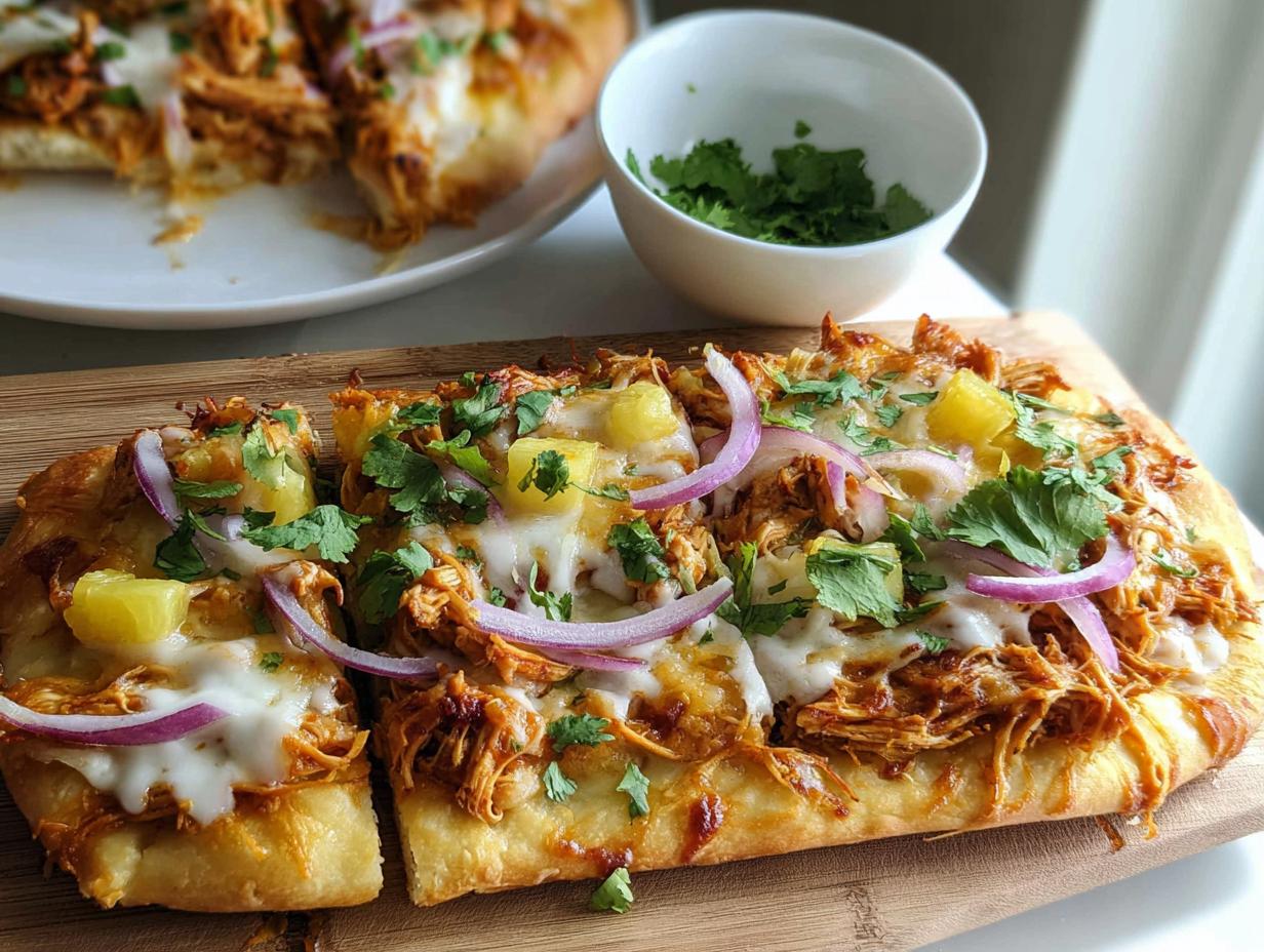 Delicious BBQ Chicken Flatbread Pizzas with pineapple, red onion, and cilantro, made with shortcut dough.