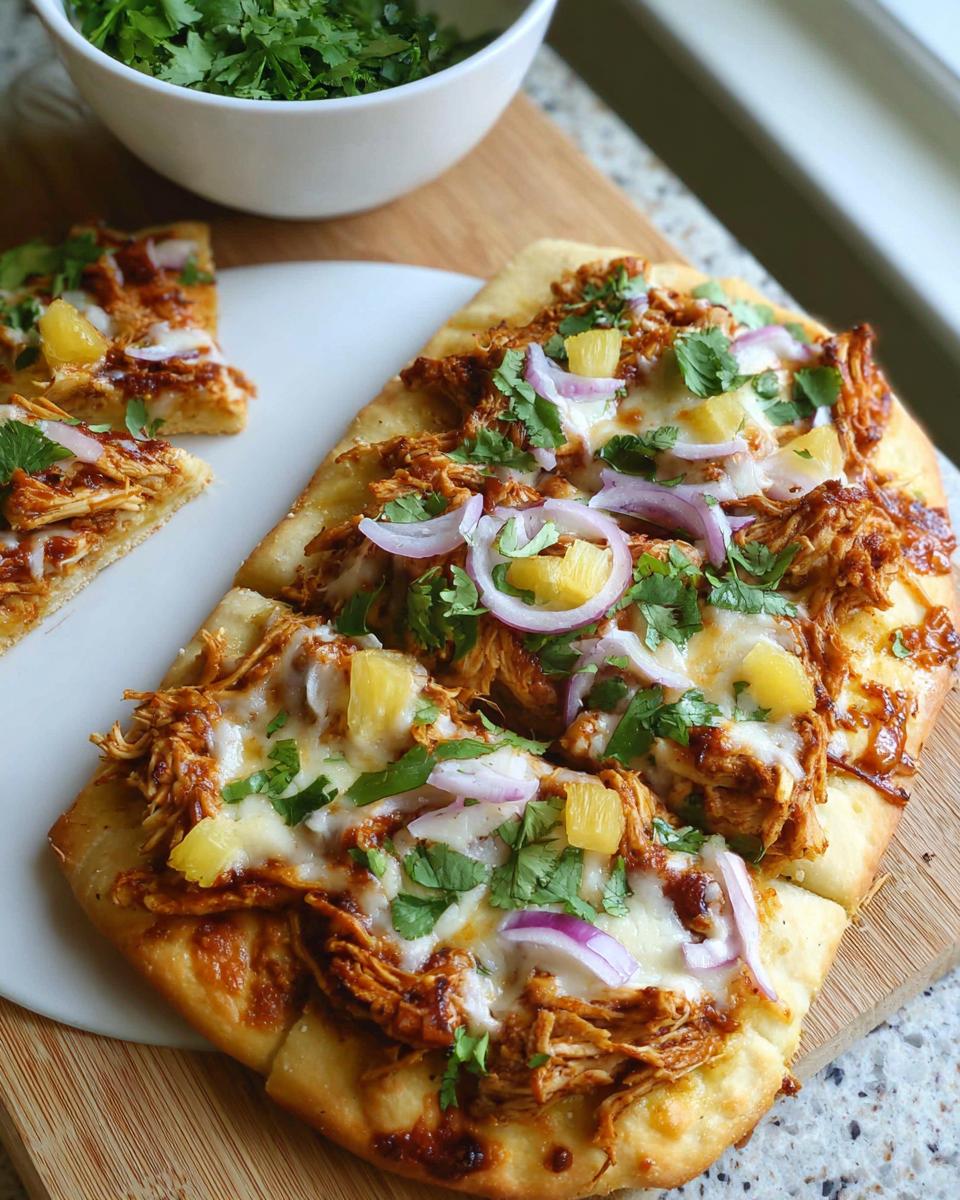 Delicious BBQ Chicken Flatbread Pizza with pineapple, red onion, cilantro, and melted cheese.