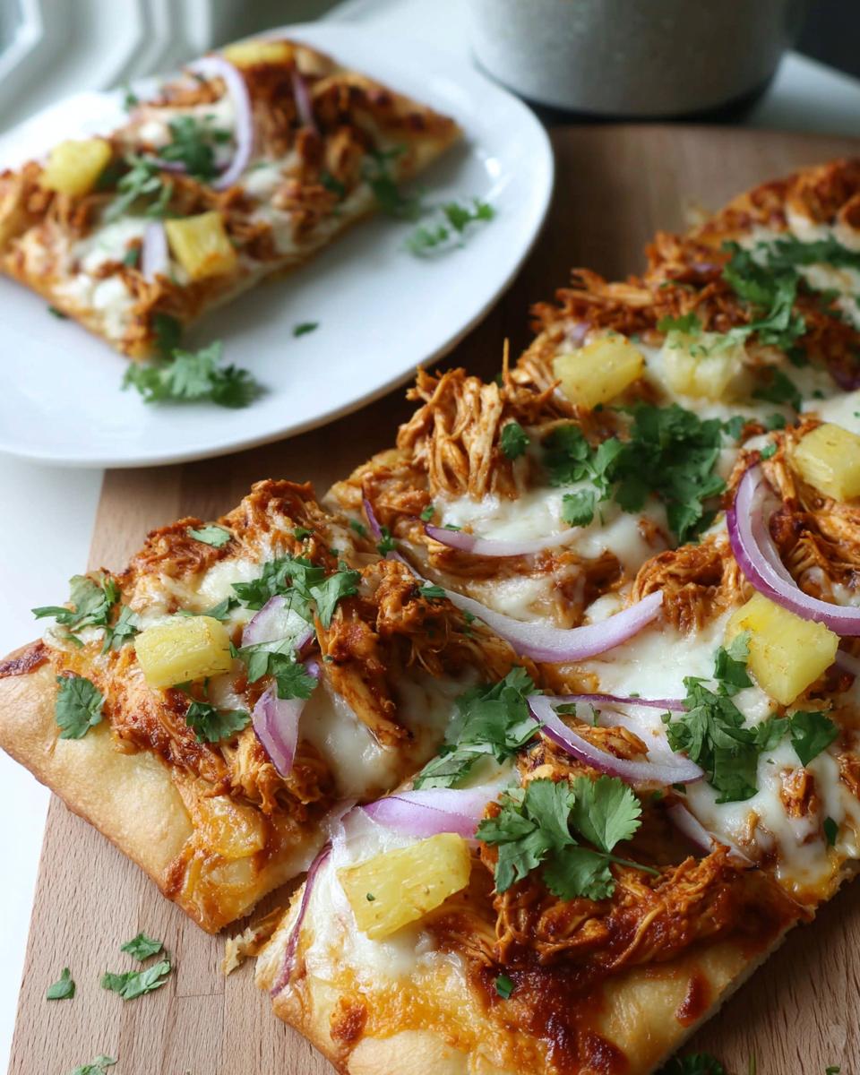 Close-up of BBQ Chicken Flatbread Pizzas with pineapple, red onion, and cilantro.