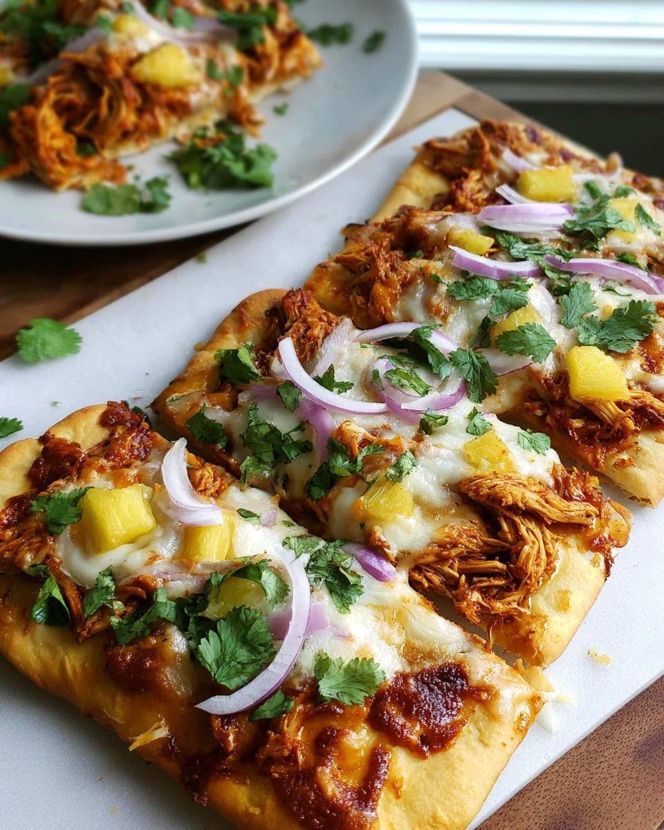 Close-up of BBQ Chicken Flatbread Pizzas topped with pineapple, red onion, and cilantro.