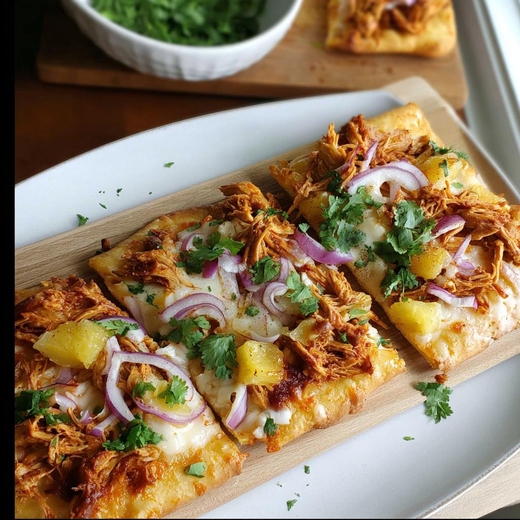 Slices of BBQ Chicken Flatbread Pizzas topped with red onion, cilantro, and pineapple.