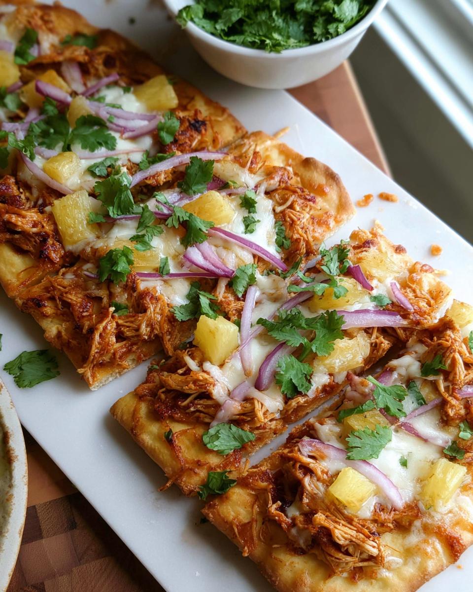 Delicious BBQ Chicken Flatbread Pizzas topped with pineapple, red onion, and cilantro.