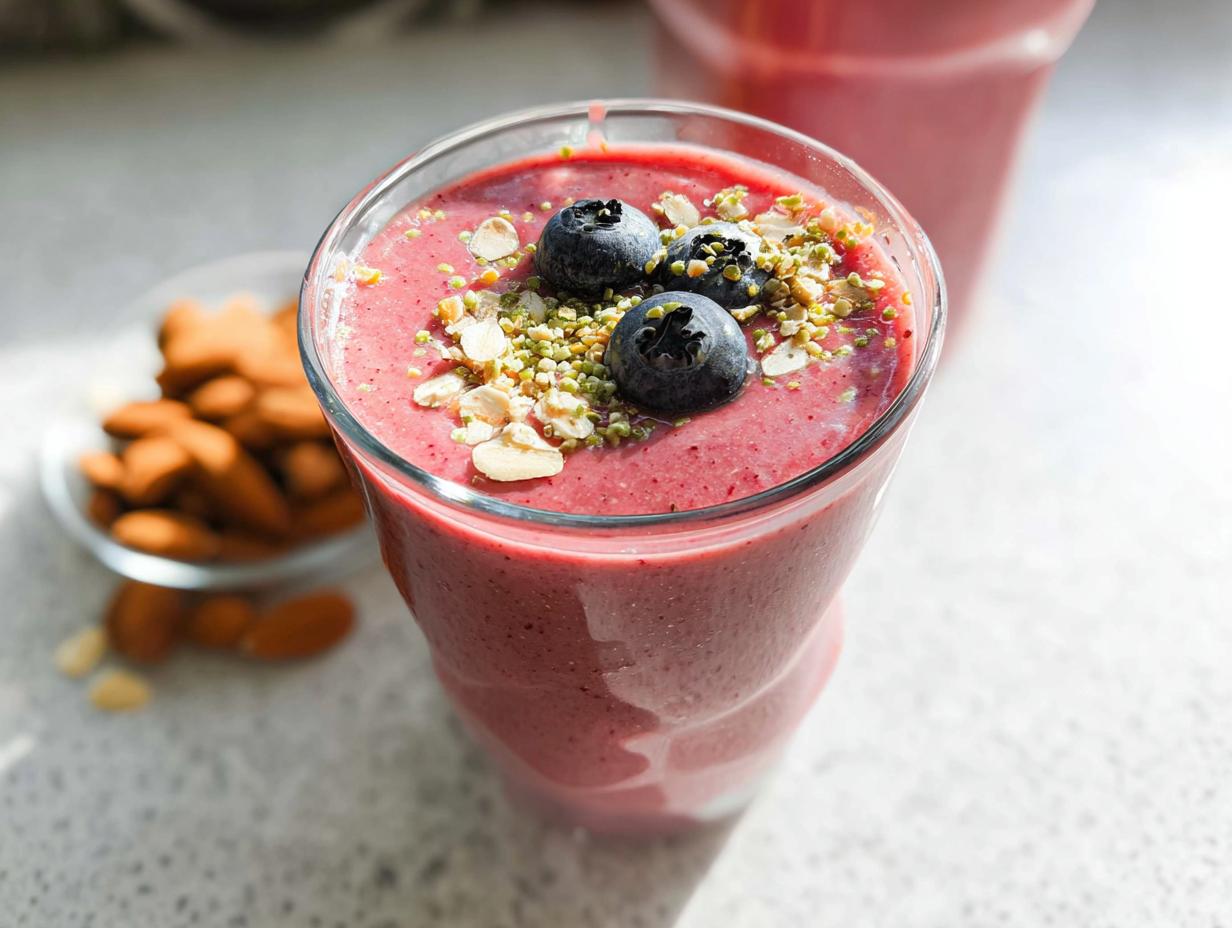 A close-up of a vibrant berry breakfast smoothie topped with blueberries, oats, and nuts, with almonds in the background.