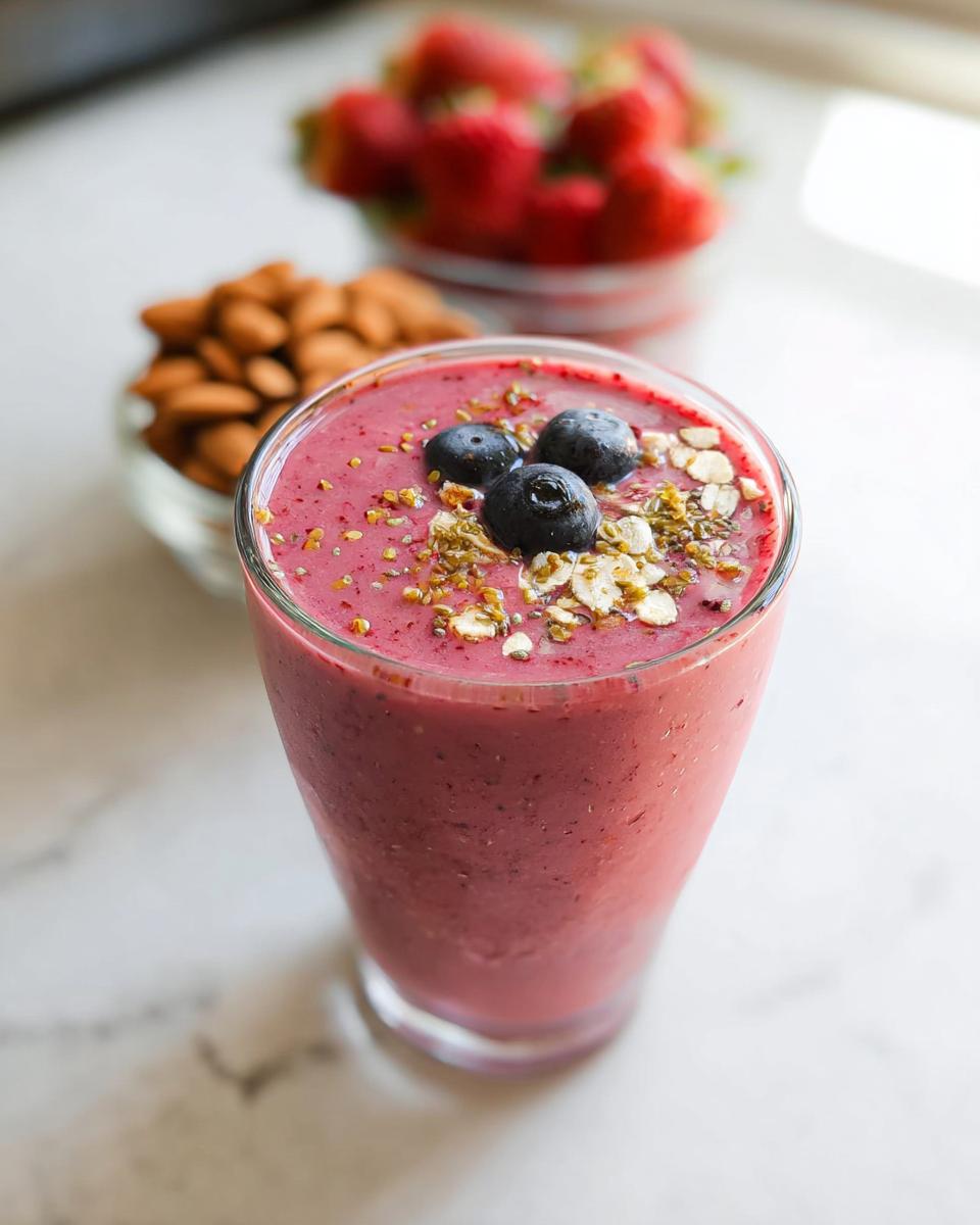 A vibrant berry breakfast smoothie topped with blueberries, oats, and seeds in a tall glass.
