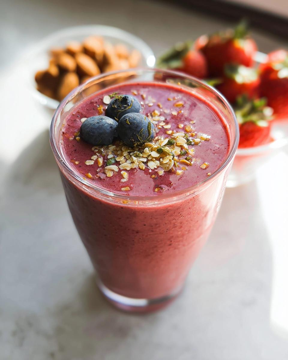 A vibrant berry breakfast smoothie topped with blueberries, oats, and seeds, with strawberries and almonds in the background.