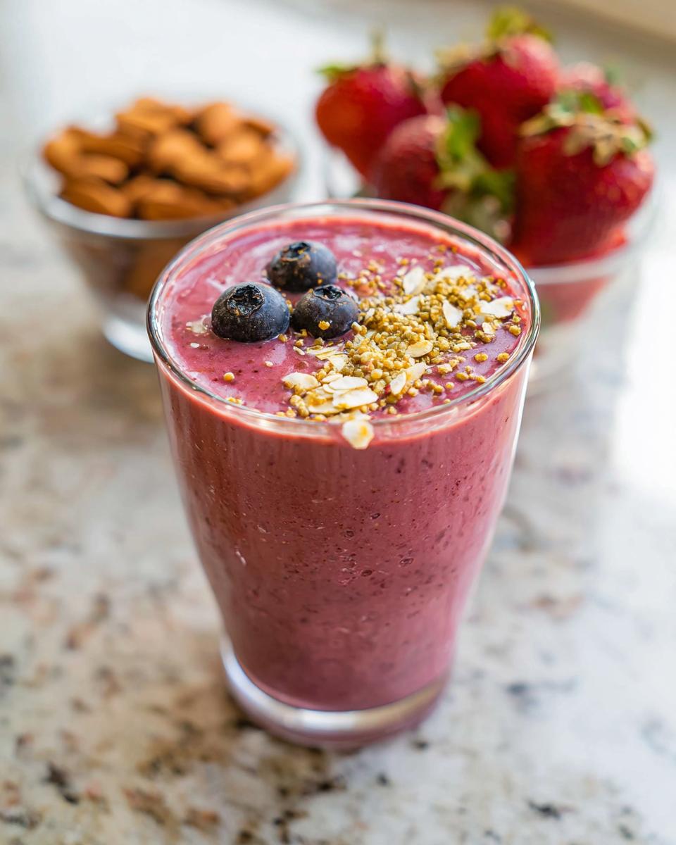 A vibrant berry breakfast smoothie topped with blueberries, almonds, and bee pollen.