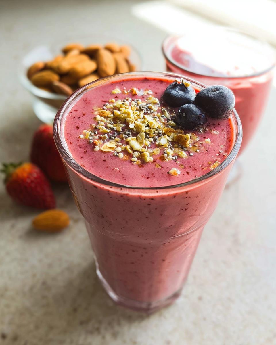 A close-up of a berry breakfast smoothie topped with blueberries, nuts, and chia seeds. Other breakfast smoothie ingredients are visible.