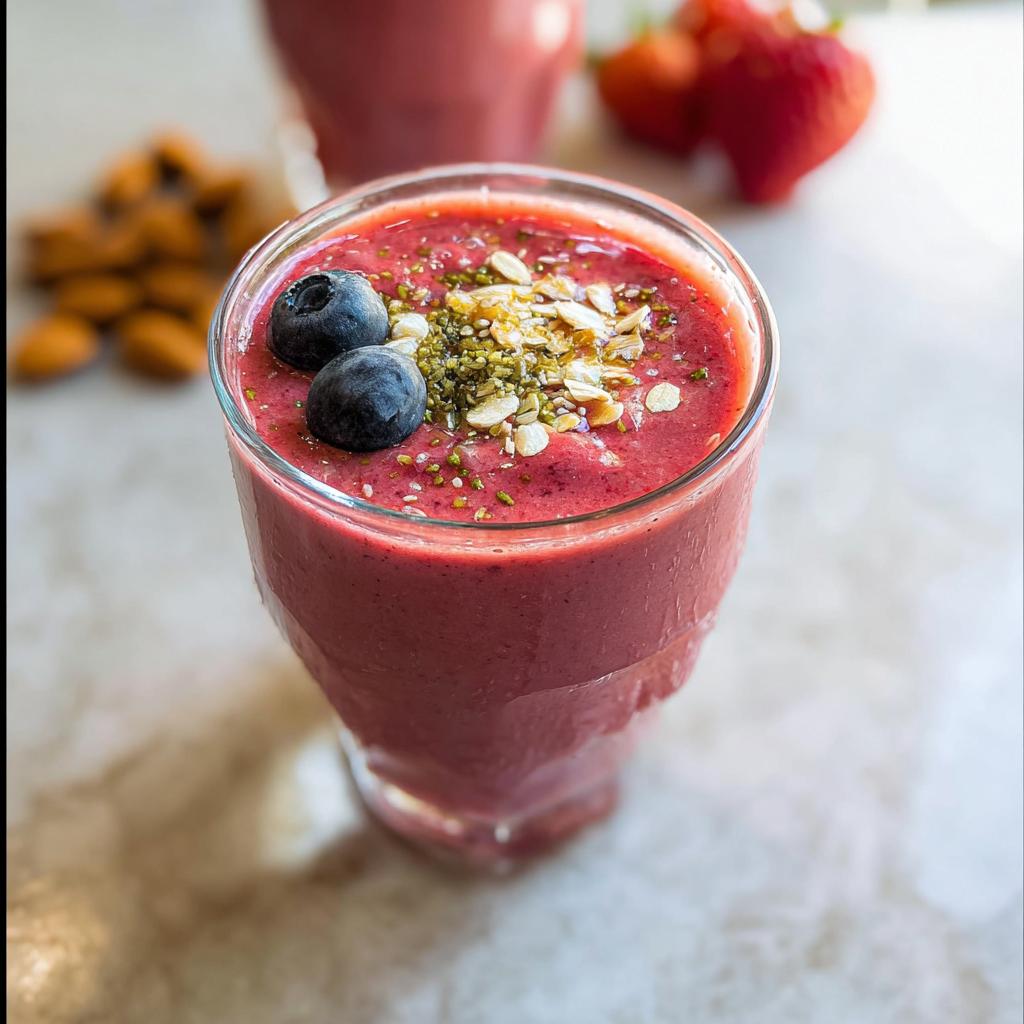 A refreshing berry breakfast smoothie topped with blueberries, oats, and seeds, perfect for quick breakfast smoothie recipes.