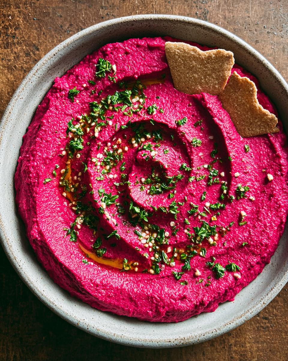 Overhead shot of Bloody Beet Hummus garnished with herbs and seeds, served with bat-shaped pita chips.