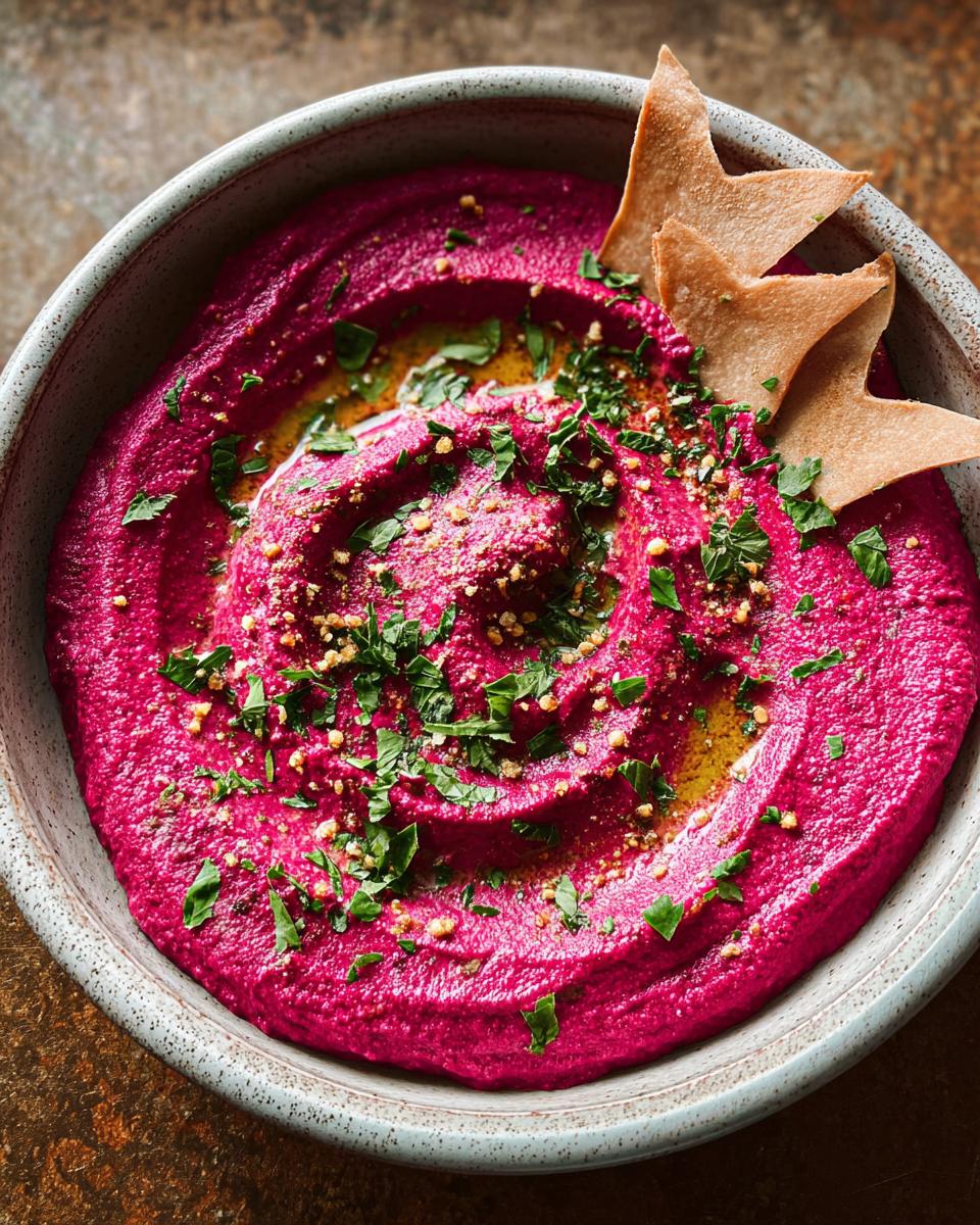 Overhead view of Bloody Beet Hummus in a bowl, garnished with herbs and served with bat-shaped pita chips.