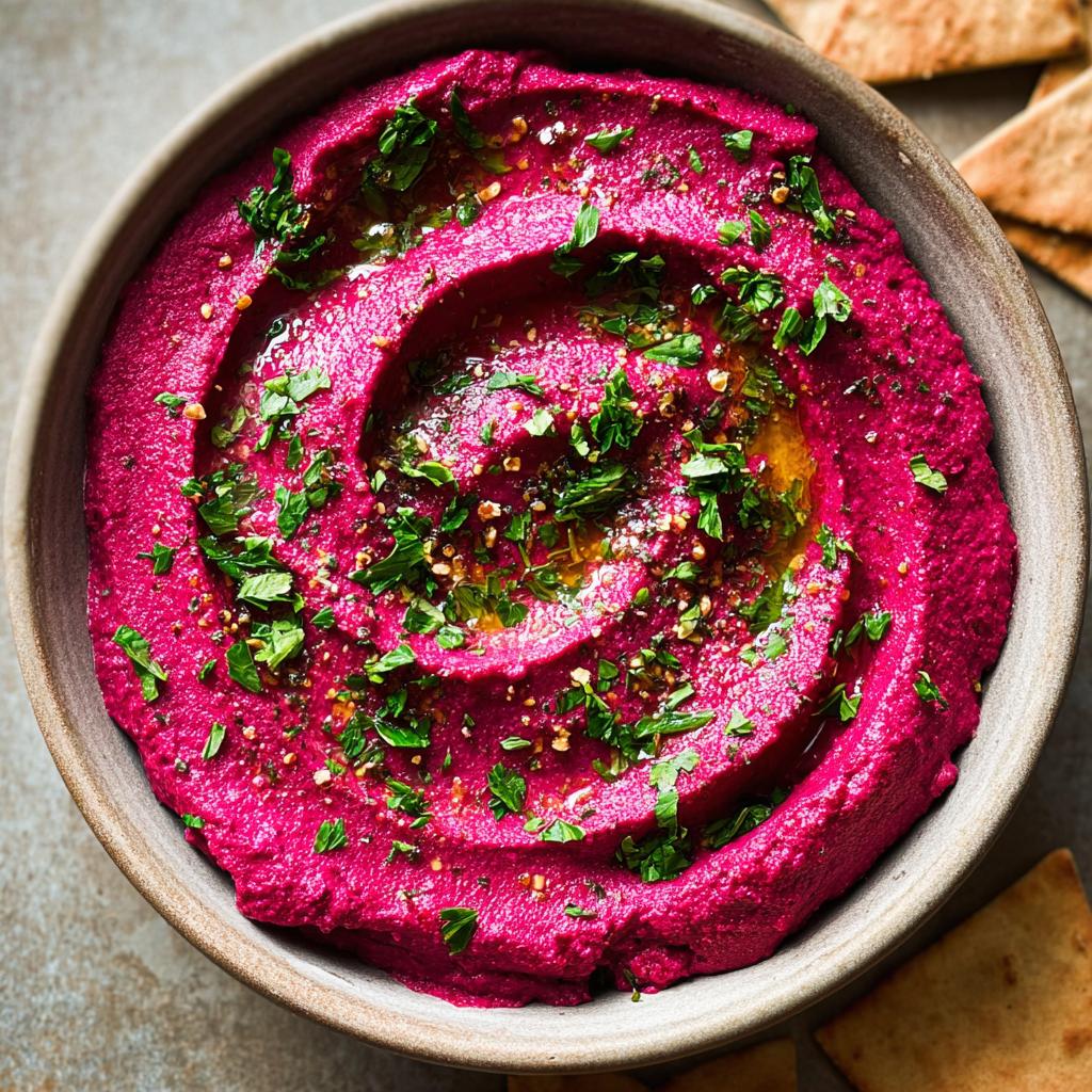Overhead shot of a bowl of vibrant Bloody Beet Hummus, garnished with herbs and served with pita chips.