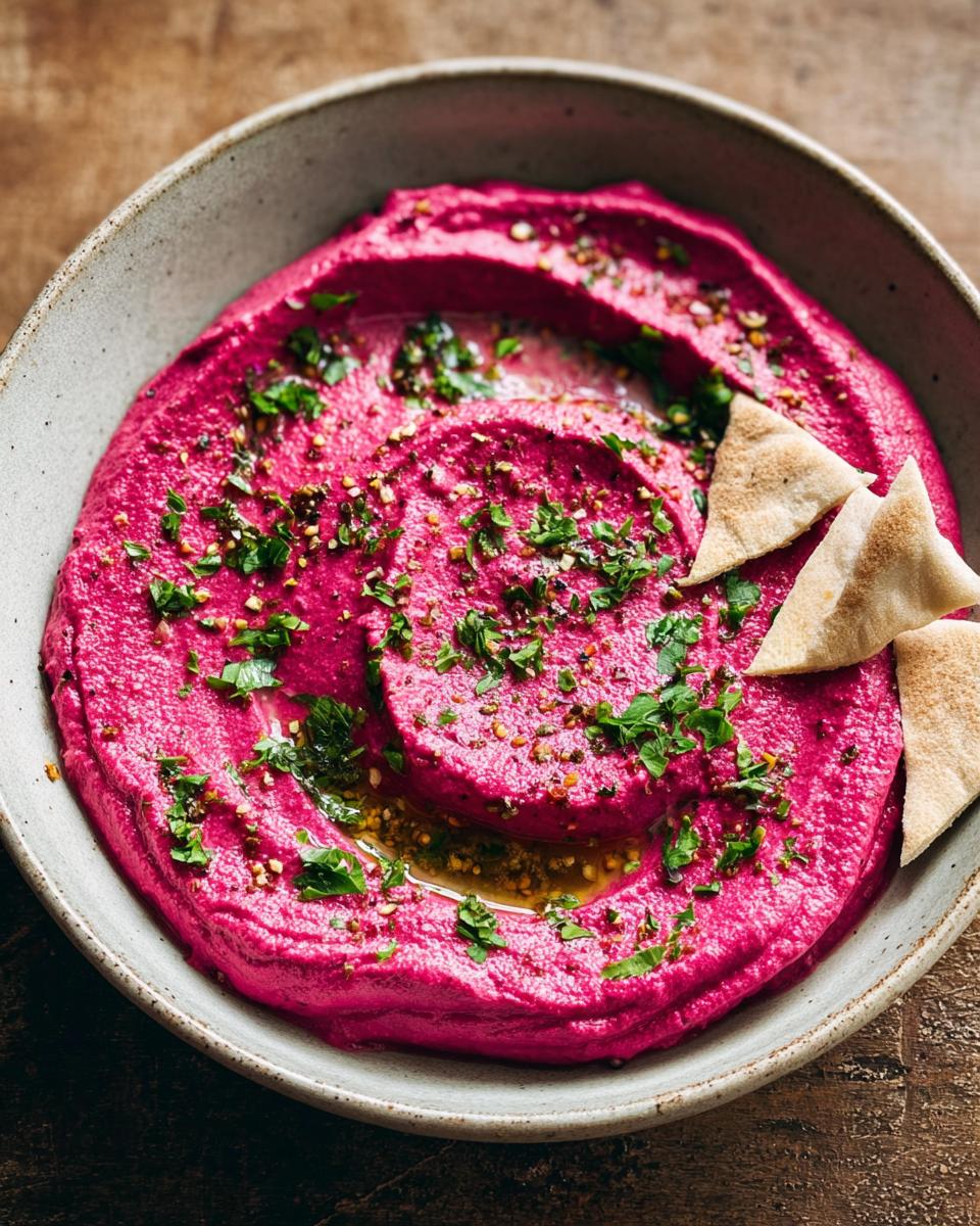 Bright pink Bloody Beet Hummus in a bowl, garnished with herbs and served with pita chips.