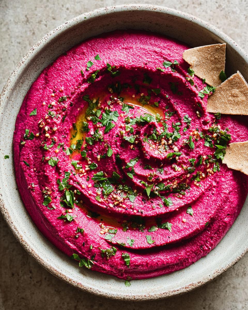 Overhead shot of vibrant Bloody Beet Hummus in a bowl, garnished with herbs and seeds, served with pita chips.