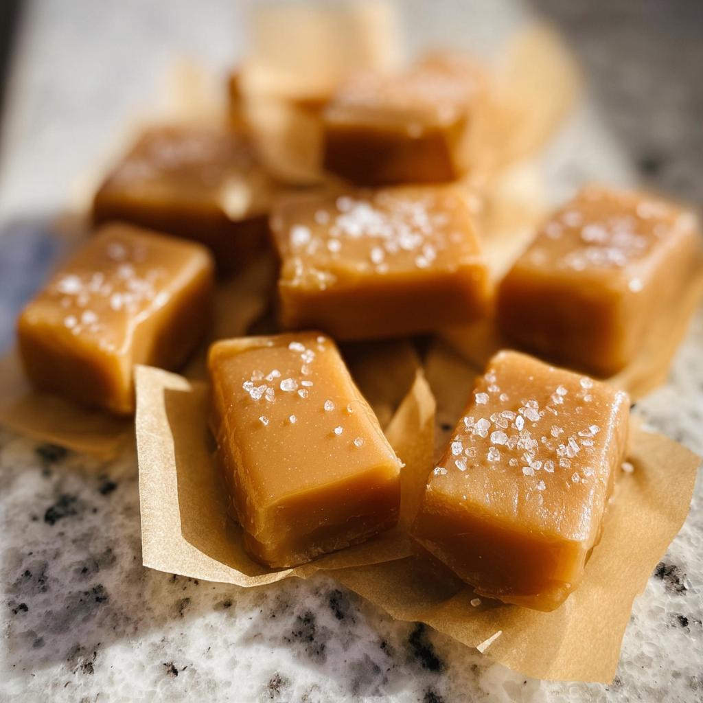 Close-up of homemade Caramel Candy Bites for Holidays, sprinkled with sea salt, on parchment paper.