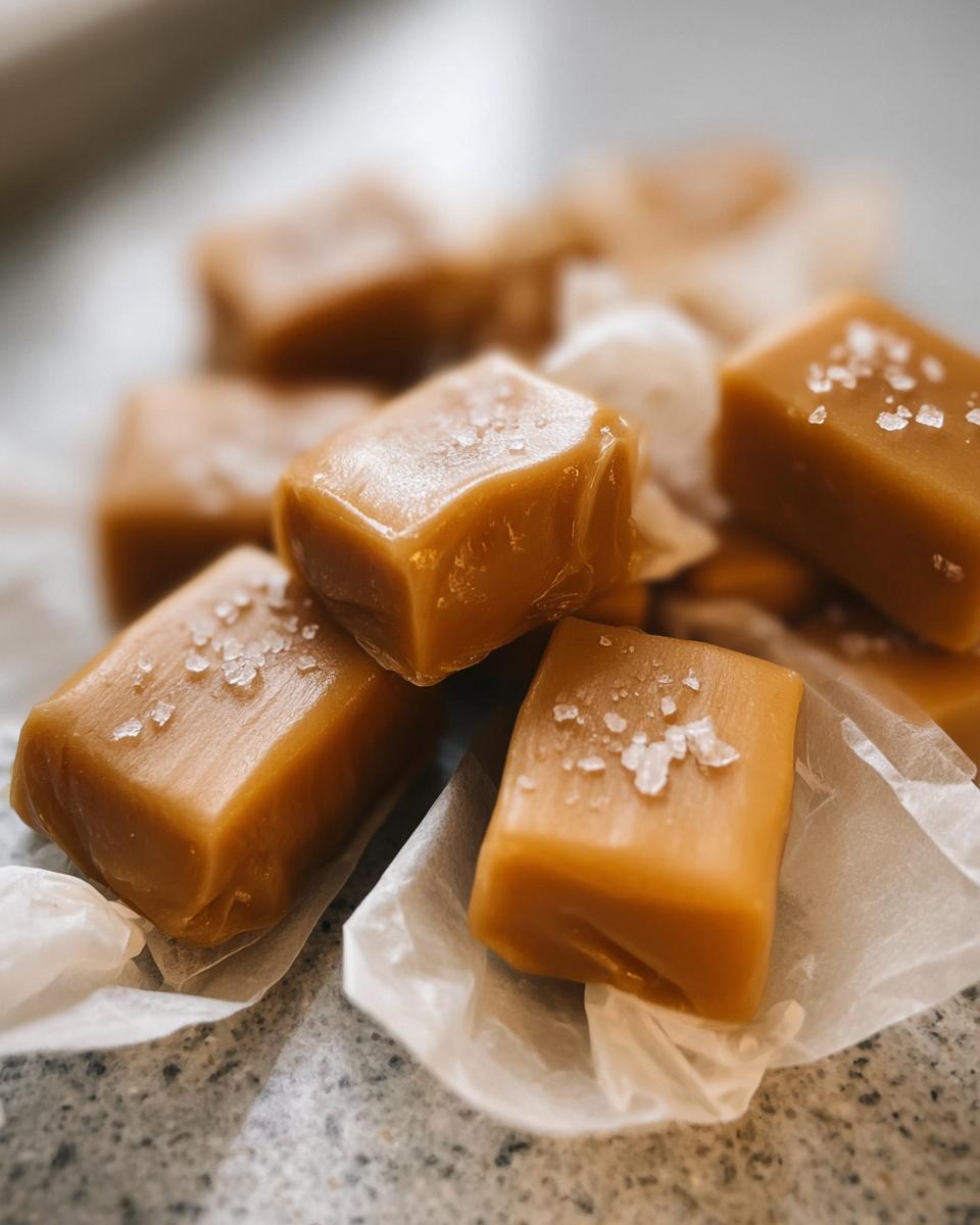 Close-up of delicious Caramel Candy Bites for Holidays, sprinkled with sea salt, on parchment paper.