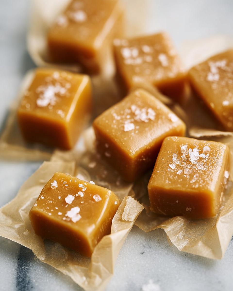 Close-up of delicious Caramel Candy Bites for Holidays, sprinkled with sea salt, on parchment paper.