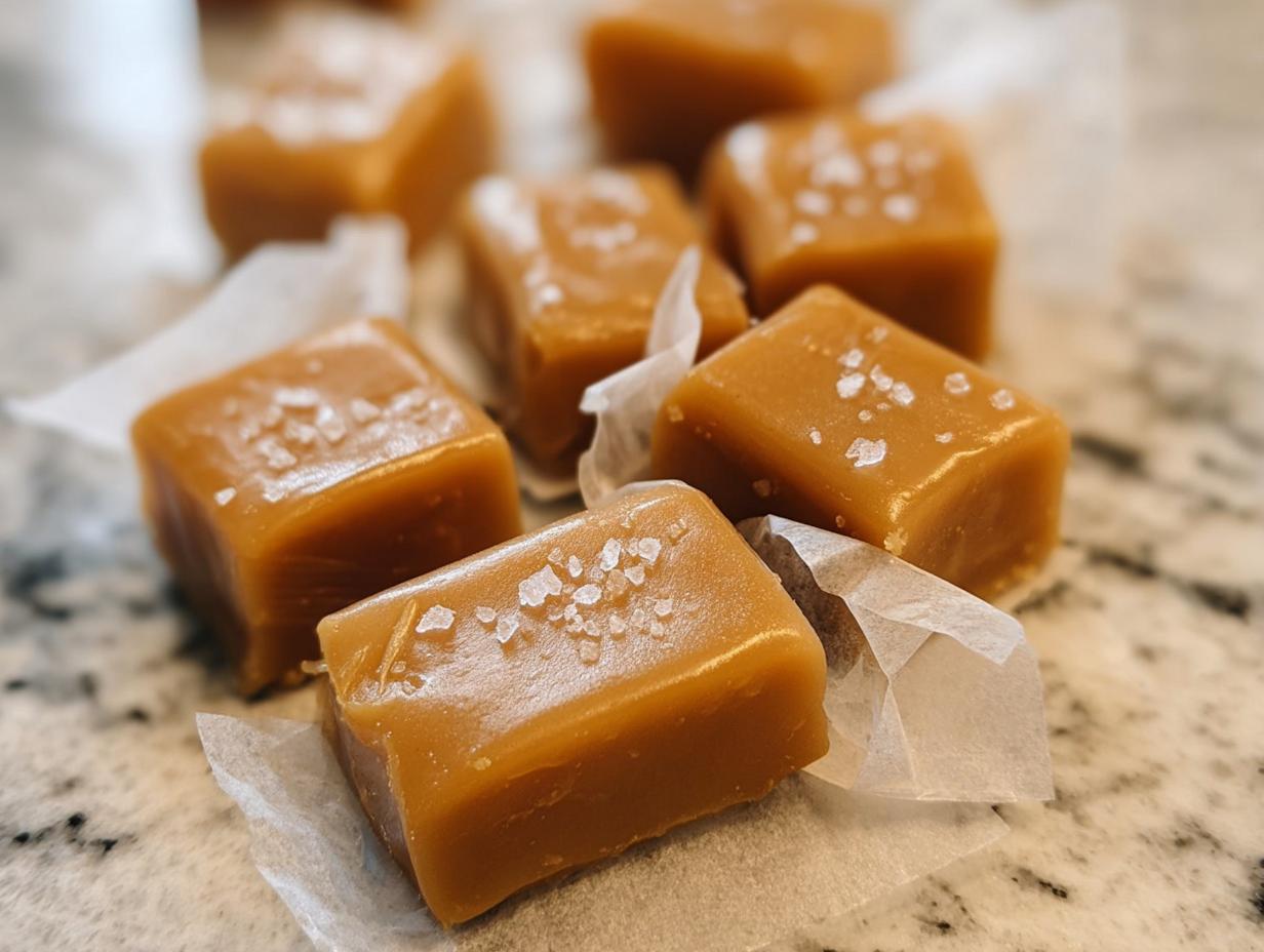 Close-up of homemade Caramel Candy Bites for Holidays, sprinkled with sea salt, on parchment paper.