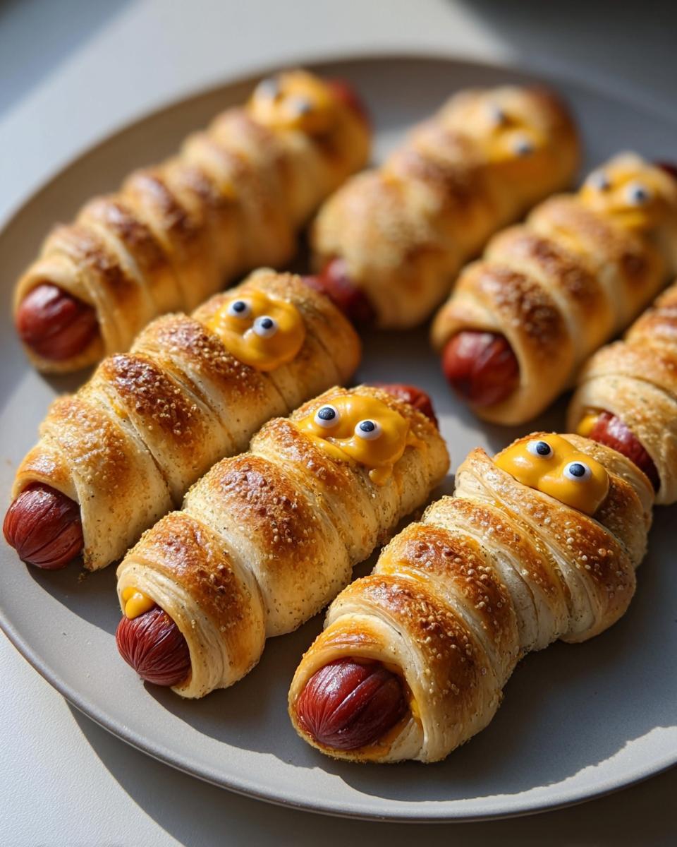 A plate of Cheddar‑Stuffed Mummy Dogs with Everything Seasoning, styled with candy eyes for a fun Halloween treat.