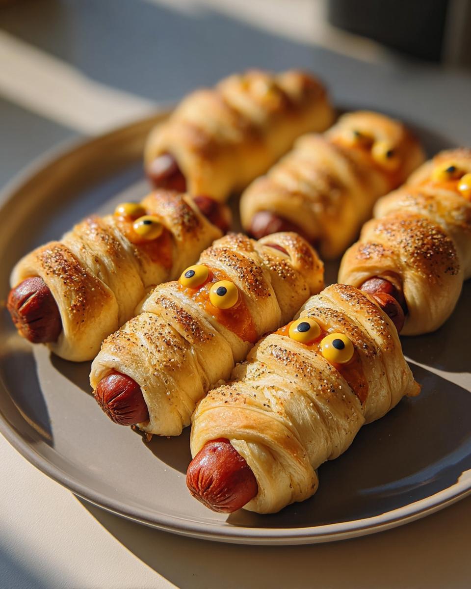 A plate of Cheddar‑Stuffed Mummy Dogs with Everything Seasoning, styled as mummies with candy eyes.