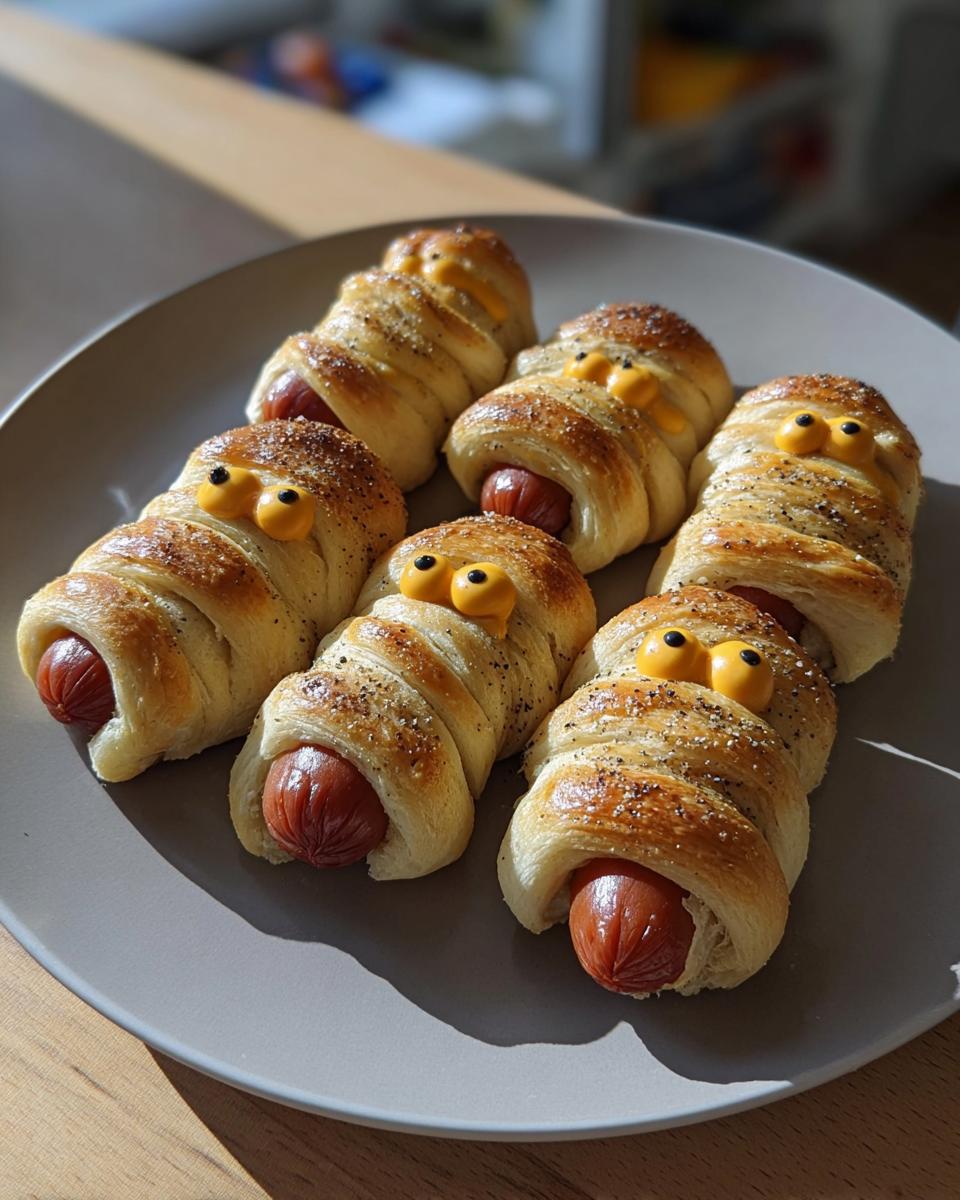 A plate of Cheddar‑Stuffed Mummy Dogs with Everything Seasoning, styled with candy eyes.