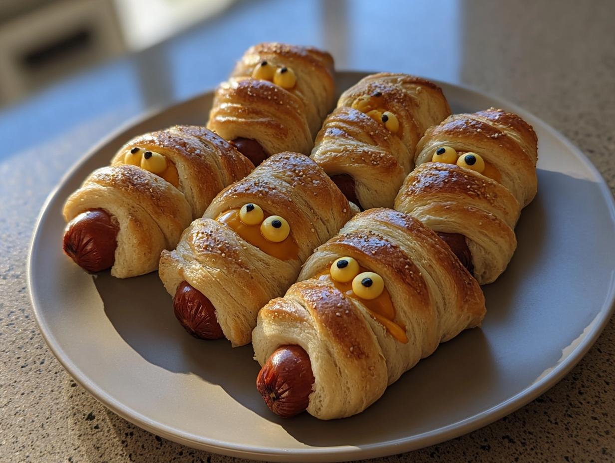 A plate of Cheddar‑Stuffed Mummy Dogs with Everything Seasoning, perfect for a Halloween treat.