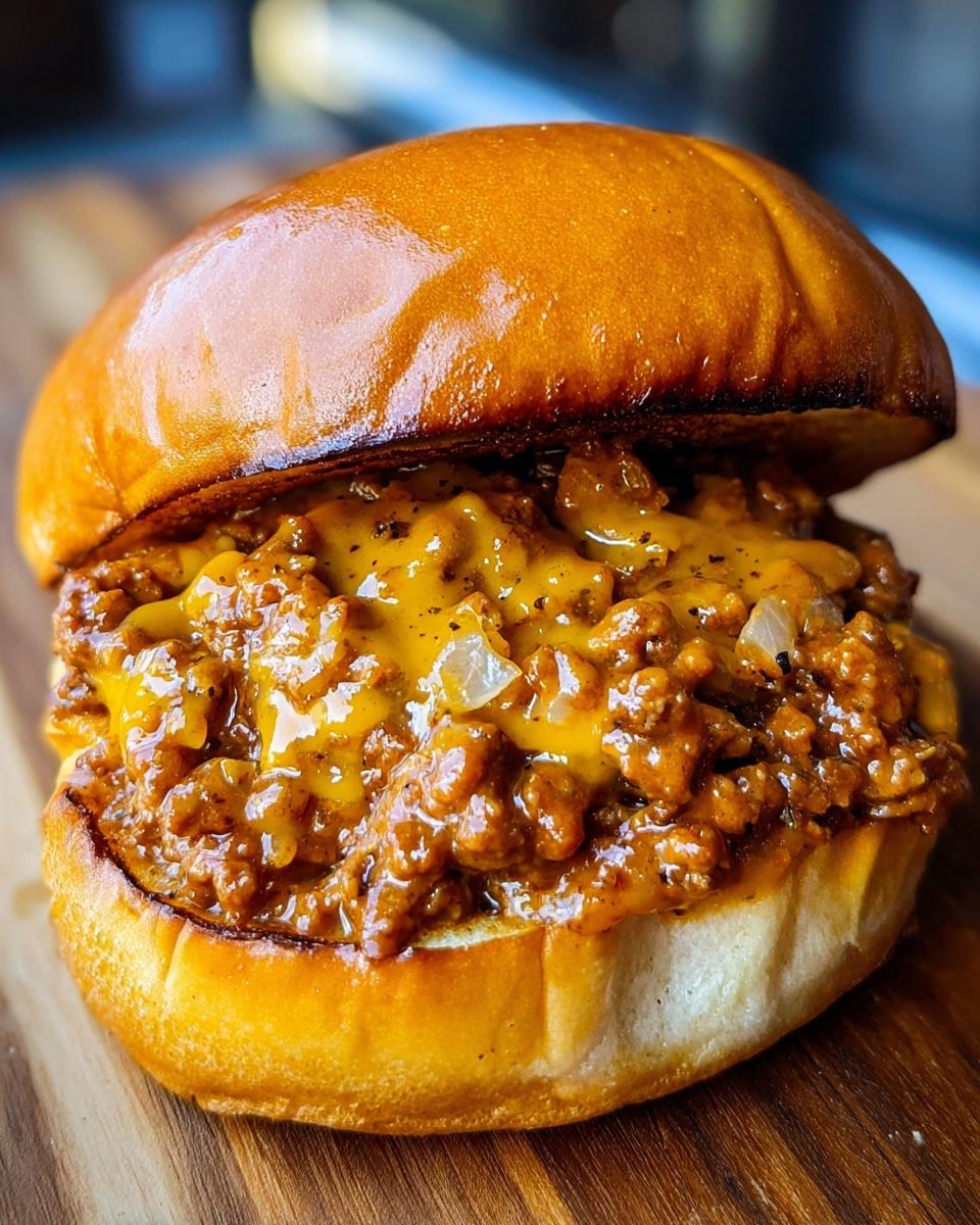A delicious Cheeseburger Sloppy Joes sandwich on a brioche bun, overflowing with cheesy ground beef filling.