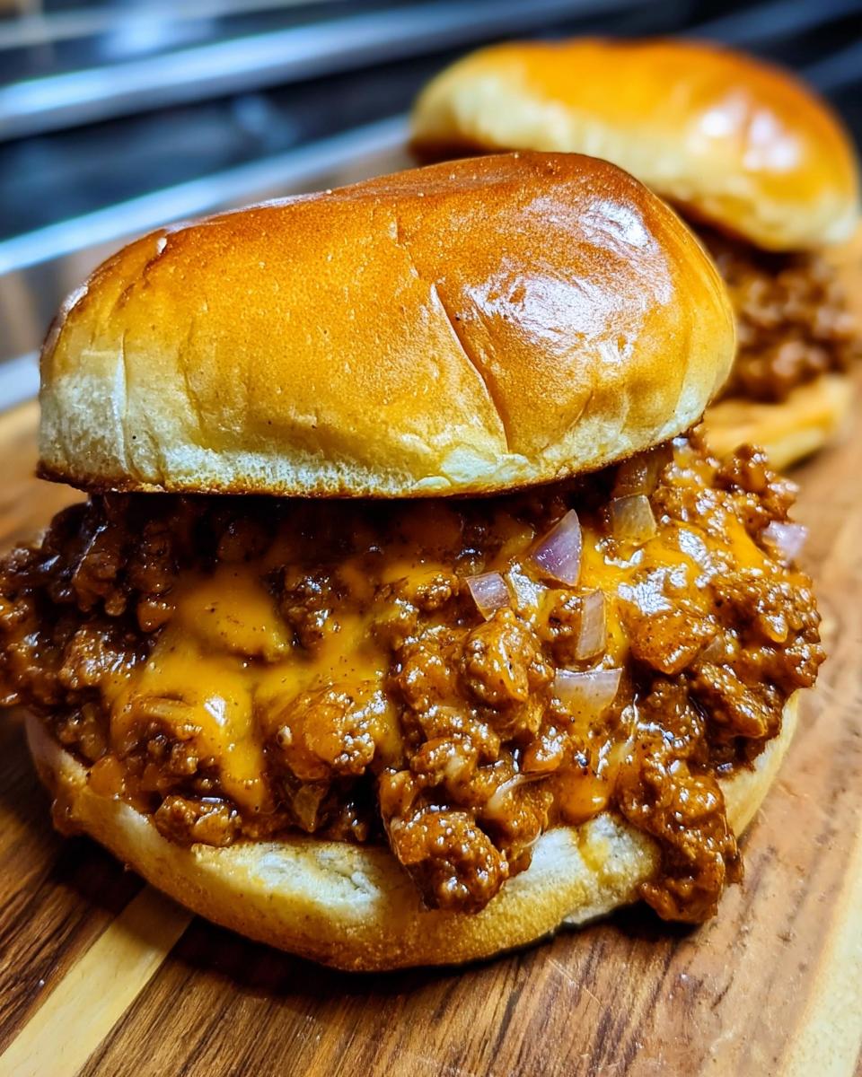 Two Cheeseburger Sloppy Joes on brioche buns, filled with cheesy ground beef and onions.
