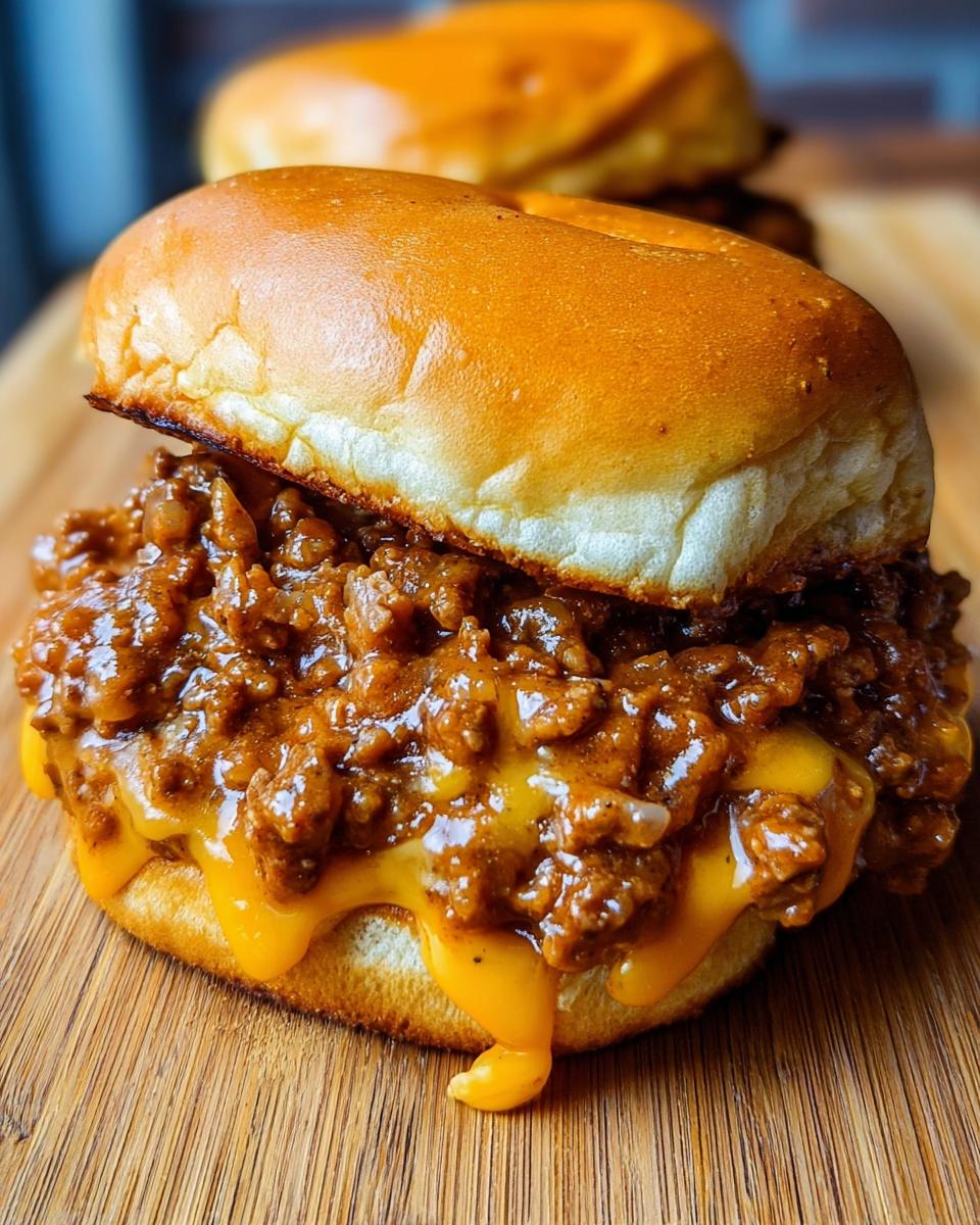 A close-up of Cheeseburger Sloppy Joes on a toasted bun with melted cheese, served on a wooden board.