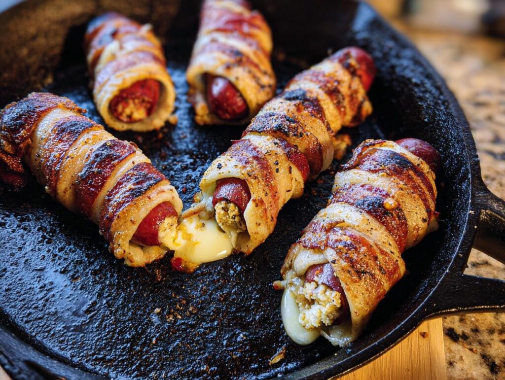Close-up of Cheesy Garlic Mummy Dogs (Mozzarella Wraps) in a cast iron skillet, featuring mozzarella cheese and garlic.