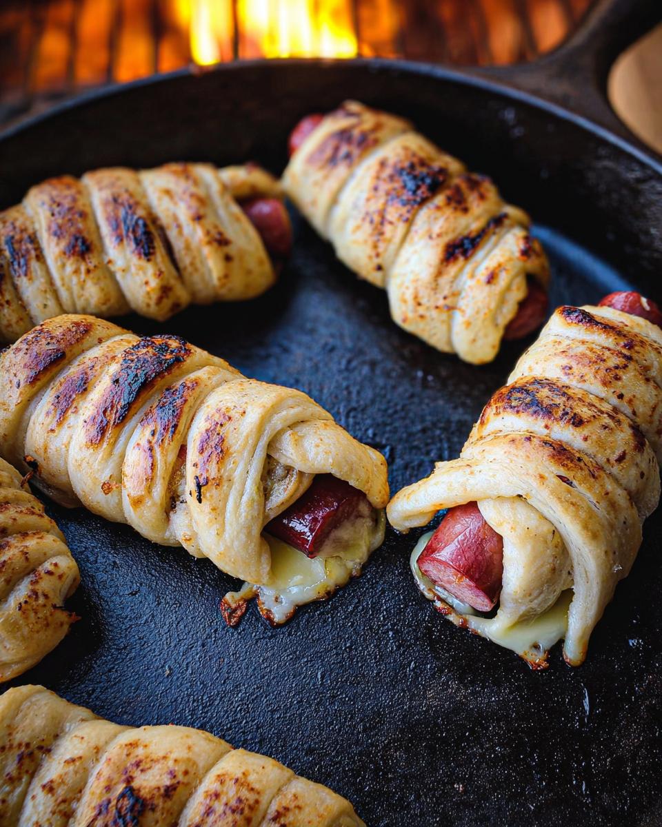 Close-up of Cheesy Garlic Mummy Dogs (Mozzarella Wraps) baked in a cast iron skillet, showing melted cheese.