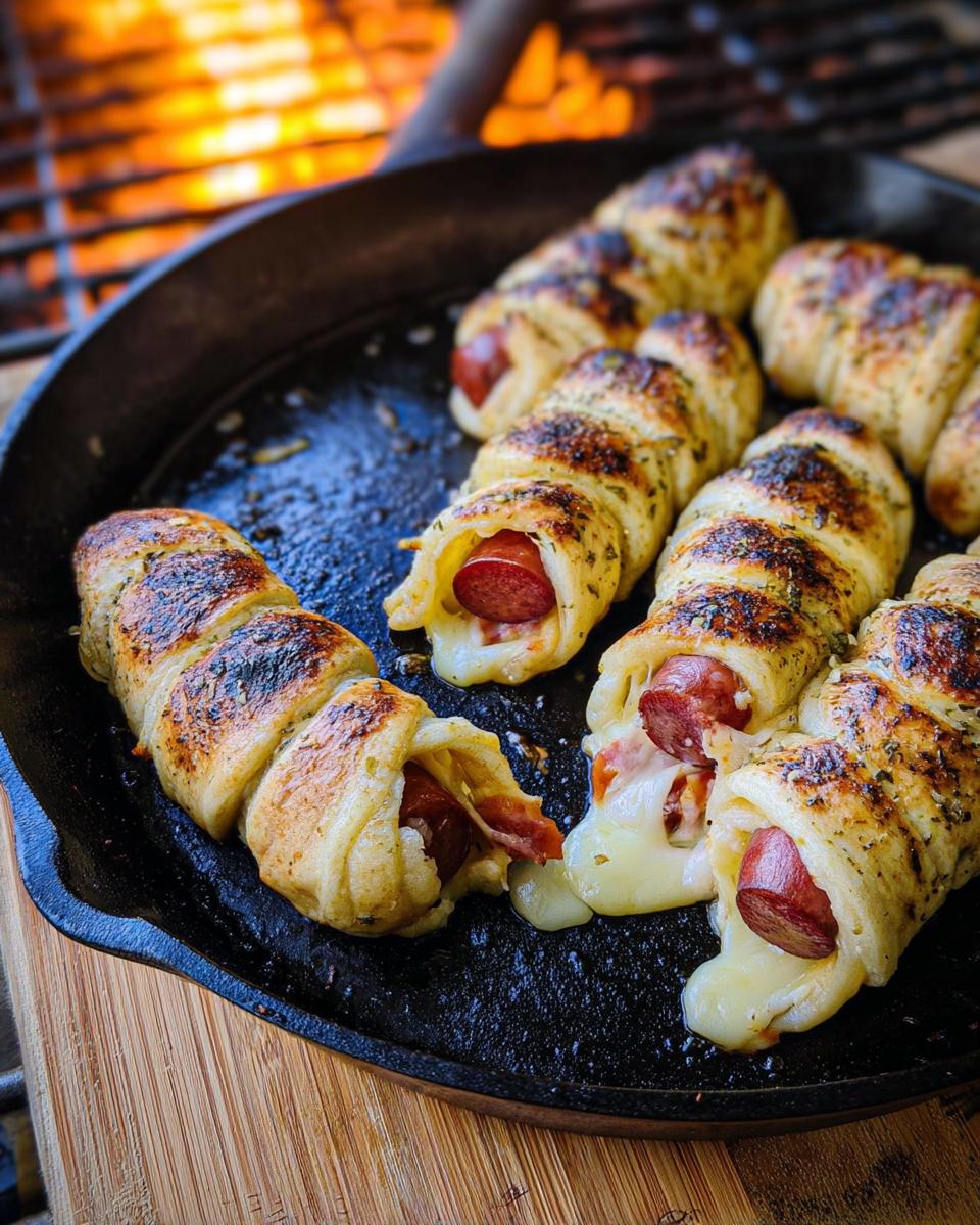 Close-up of Cheesy Garlic Mummy Dogs (Mozzarella Wraps) baked in a cast iron skillet with melted cheese.