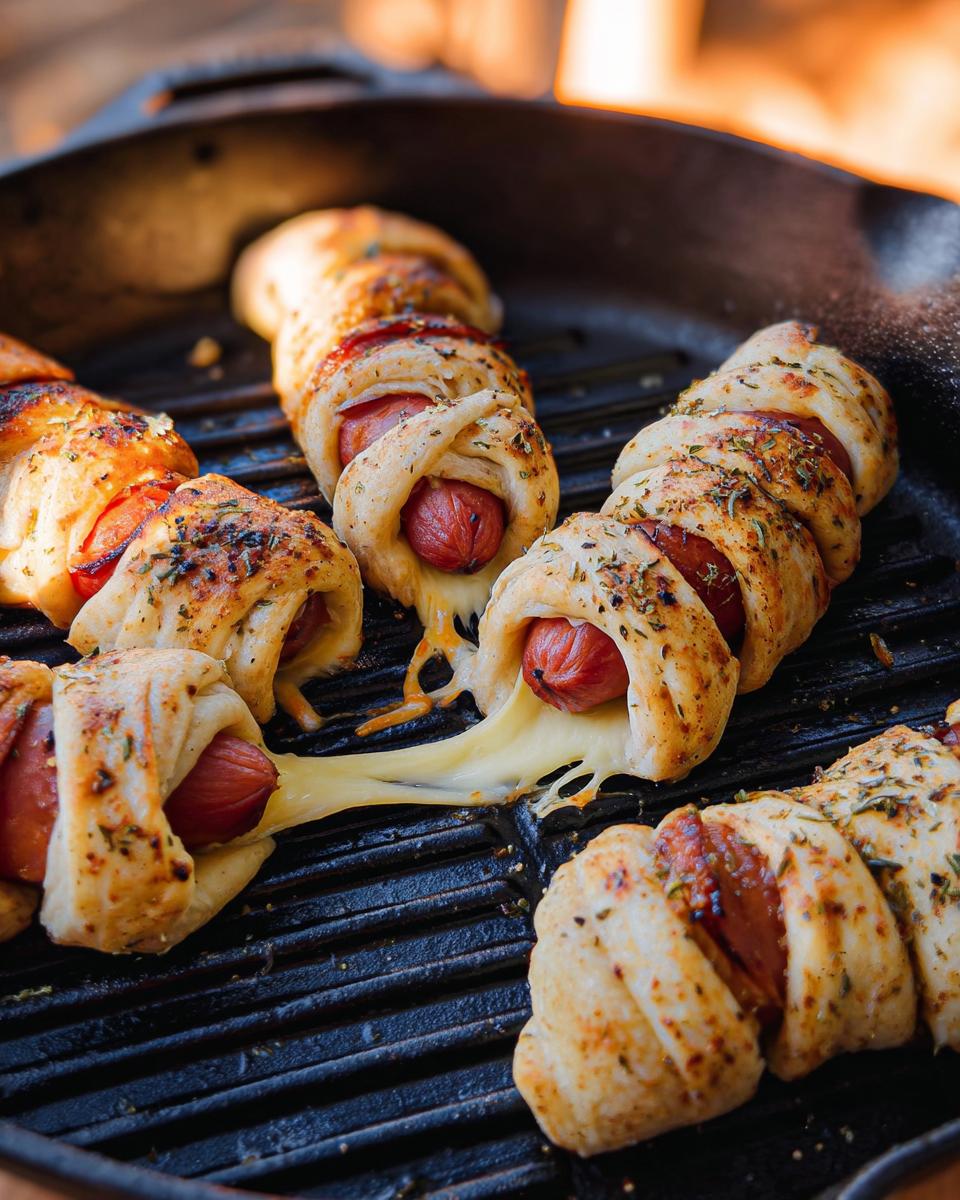 Close-up of Cheesy Garlic Mummy Dogs with mozzarella wraps on a grill pan, cheese oozing out.