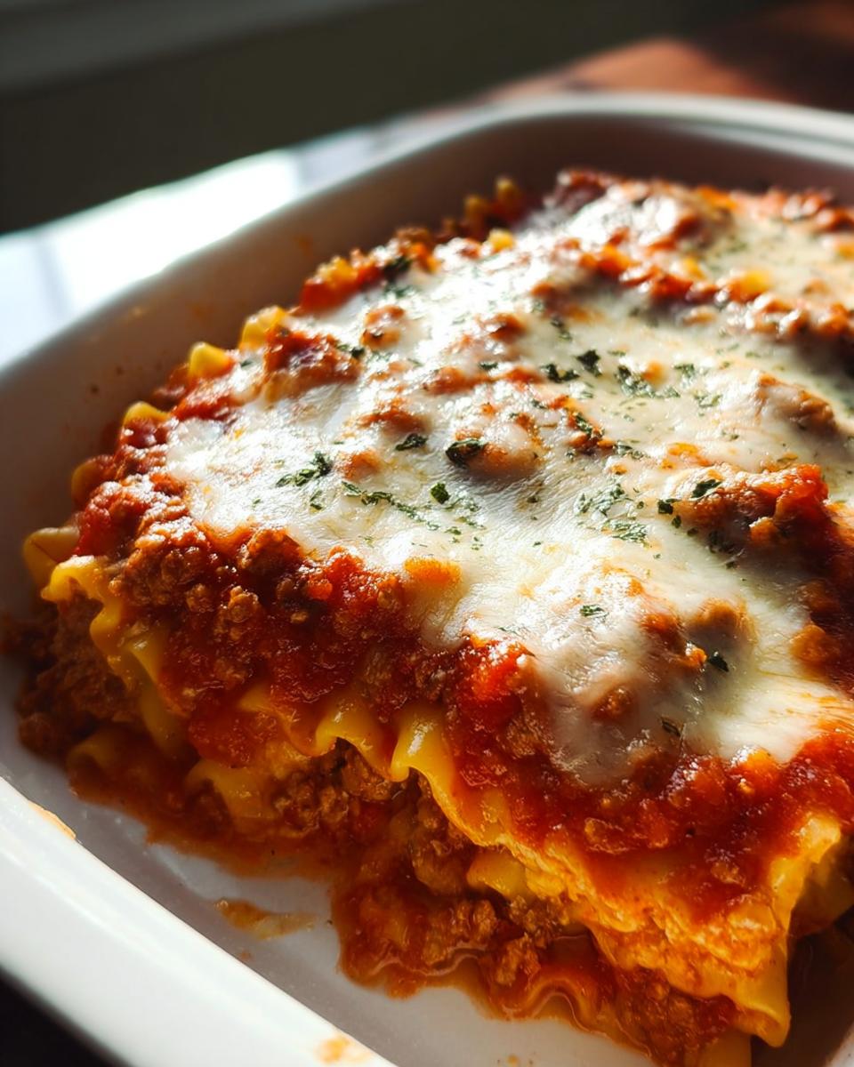 A close-up of baked Cheesy Lasagna Roll-Ups in a white baking dish, topped with melted cheese and sauce.