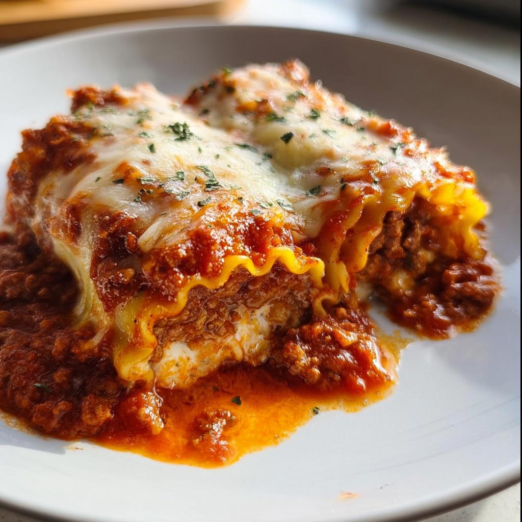 A close-up of Cheesy Lasagna Roll-Ups, featuring layers of pasta, rich meat sauce, and melted mozzarella cheese, garnished with parsley.