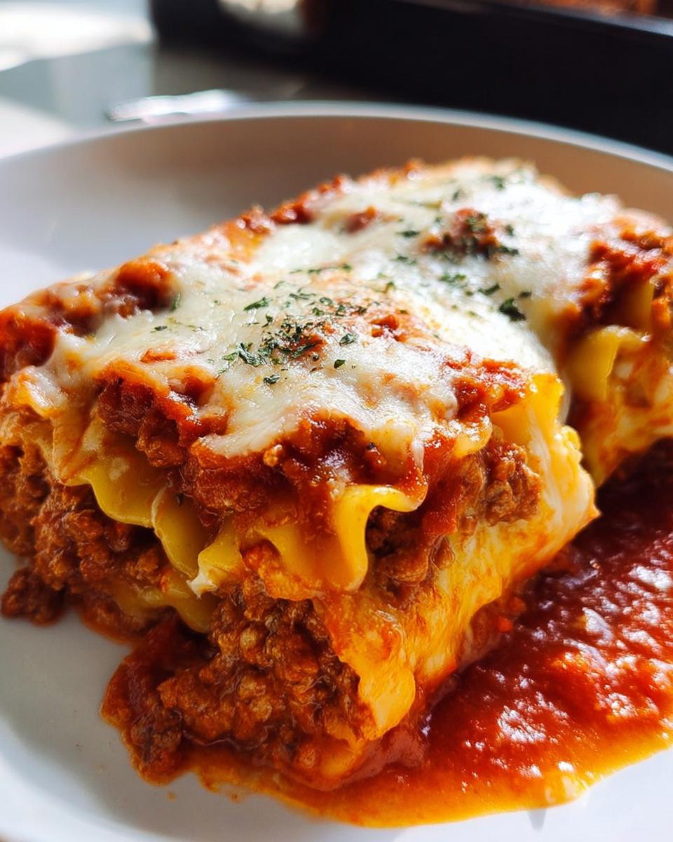 A close-up of a serving of Cheesy Lasagna Roll-Ups, showing layers of pasta, meat sauce, and melted cheese.